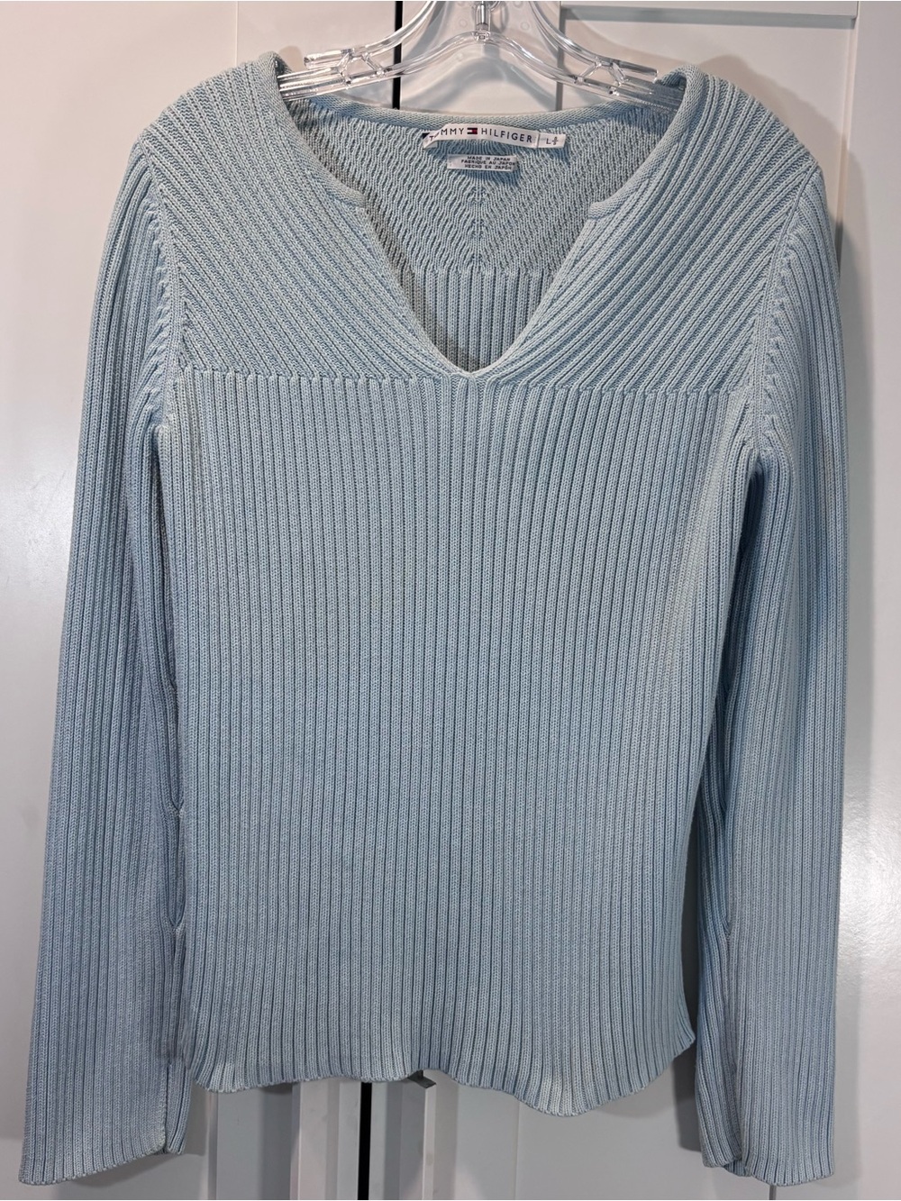 Vintage Tommy Hilfiger 100% Cotton Women L Blue Ribbed V Neck Sweater Y2K 2000s